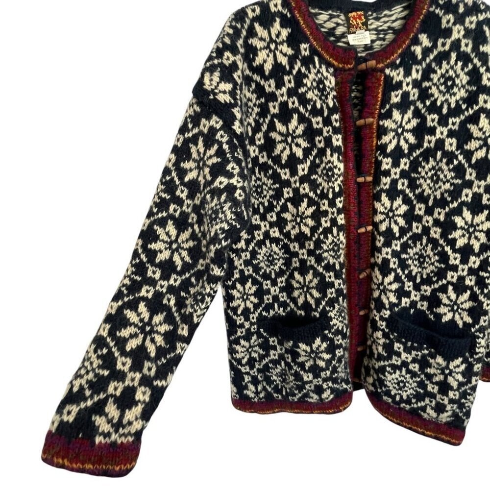 Pokhara Hand Knit Women Wool Cardigan Sweater L Nordic Fair Isle Toggle Buttons - Picture 6 of 13
